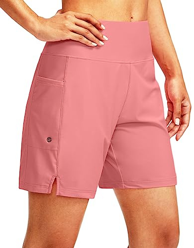 G Gradual Women's 7 Long Swim Board Shorts High Waisted Quick Dry Beach Swimming Shorts for Women with Liner Pockets(Hyper Pink,L)