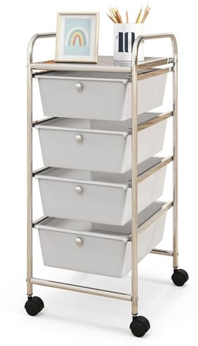 GOPLUS Desserte à Roulettes avec 4 Tiroirs Coulissant, 37 x 32 x 76 CM, Chariot de Rangement à Roulettes Universelles, Cadre en Acier, Poignée Latéral Pratique,pour Maison, Bureau, École (Transparent)