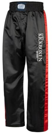 BAY Edel Stick Kickboxhose Kampfsporthose Schwarz lang Streifen in Rot seitlich Polyester gestickter Schriftzug Erwachsene Damen Herren Kinder Jungen Mädchen Größe 4XS (120)