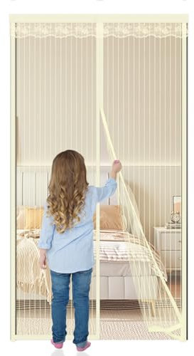 Magnet Fliegengitter Tür 70x200cm,Selbstschließender Insektenschutz Türvorhang, Magnetvorhang für Balkontür, Terrassentür und Kellertür, Einfache Montage Ohne Bohren,Beige