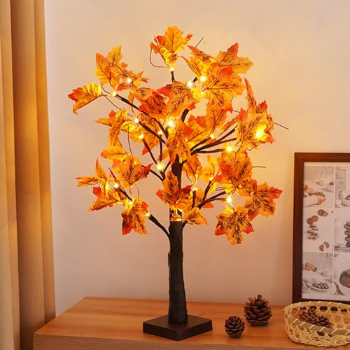 Ahornblatt Herbstdeko LED Baum mit Warmweißer LEDs Licht, USB Bonsai Lichterbaum Innen Batteriebetrieben Herbst Dekoration LED Baum für Herbst Deko Halloween Weihnachtsparty Indoor (Ahorn)