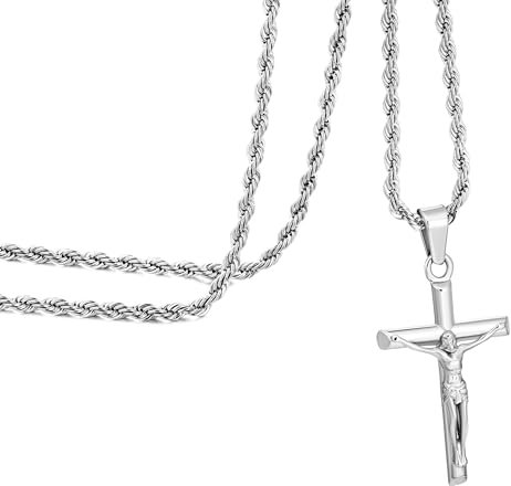Cross Necklace for Men Silver Chain Stainless Steel Necklace for Mens Silver Chain Mens Gifts for Him Husband Father Silver, 22''Rope