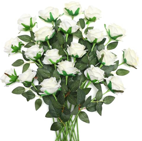 JUSTOYOU 20 Stück Weiße Rosen künstliche Blume, Seide blühende Rose mit Stiel, künstliche Rose Bouquet Realistische Blume für Home Table Office Party Hochzeit Garten Arrangements(Weiß Blossom Rosen)