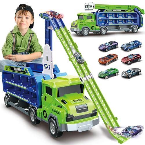deAO Transport Truck Toy Cars for Kids, Carrier Vehicles Toys Set with 6 Random Race Cars, Foldable Race Track Truck Toys for 3 4 5 6 7 8+ Years Old Boys Girls (Green)