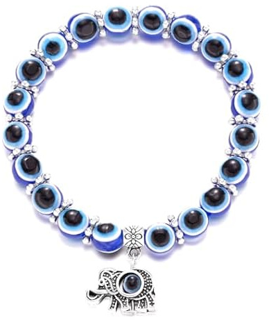 Yup It All - Elephant Evil Eye Bead Bracelet Turkish Hand of Fatima 8mm Stretch Bracelet Hamsa Lucky Charm Nazar Battu Protection Blessing Good Luck Gift Women Men Wedding Anniversary