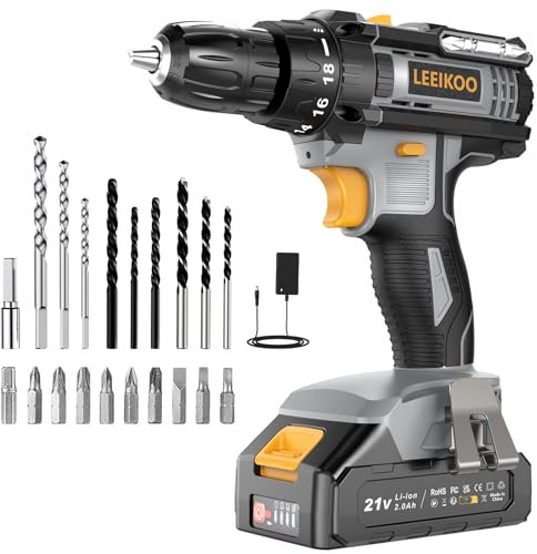 Taladro Atornillador Batería, LEEIKOO Atornillador Electrico 21V, 42N.m con Baterías 2.0Ah, 18+1 Ajuste de Par, 2 Velocidad, LED Luz, 20 Accesorios Para Hogar, Bricolaje, Gris