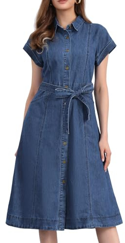 Allegra K Vestido camisero de mezclilla para mujer, casual, con botones, manga corta, cinturón, vestido midi de mezclilla 2025, trajes de moda