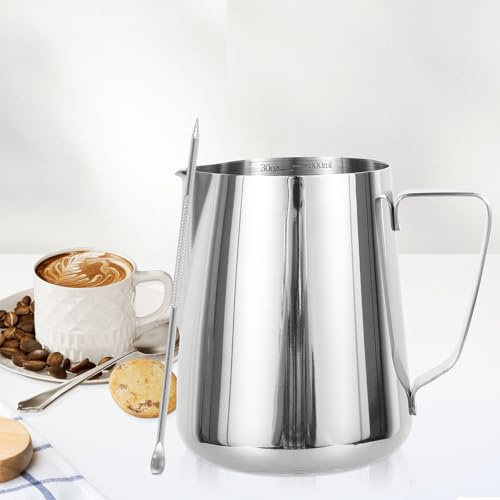 Brocca schiumalatte da 900 ml, in acciaio inox 304, con indicatore di misurazione e penna per decorare il latte, bricco per latte e latte, brocca per latte per preparare caffè e cappuccino
