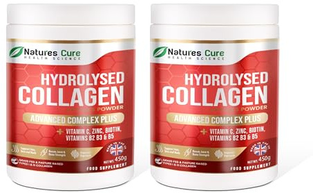 Premium Collagen Powder Complex – Bovine Collagen Peptides 450g- Enriched with Essential B Vitamins, Vitamin C, Zinc & Biotin – Pure Hydrolysed Collagen Supplement – by Natures Cure (Pack Off 2)