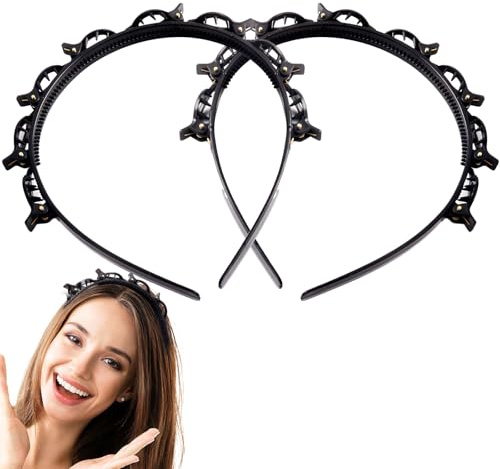 Lot de 2 bandeaux à clip papillon multi-couches avec pinces attachées, serre-tête pour femmes et filles, antidérapant, double frange (noir)