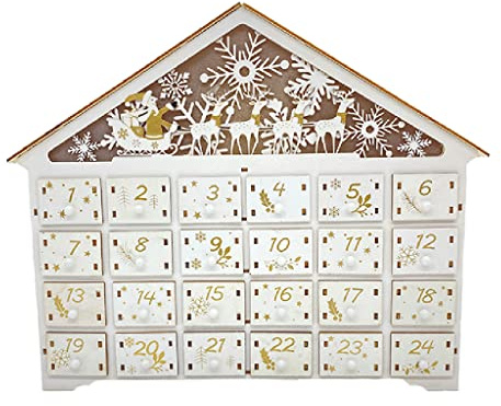 Calendario de Adviento de madera de Navidad, luz LED, copo de nieve, reno, cajón de cuenta regresiva con luz LED, copo de nieve