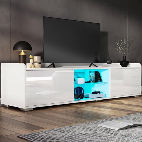 Blisswood 160cm Large White TV Unit – Modern LED TV Stand Cabinet with 20-Colour Remote-Controlled Lights, High Gloss Doors, Glass Shelf, Side Cupboards & Storage, Suitable for 55–65” TVs