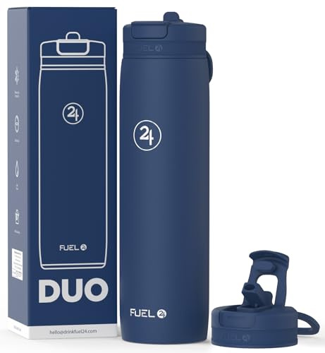 Fuel24 Duo - Stainless Steel Water Bottle 700ml or 1L - Vacuum Insulated Metal Flask with Straw (Dual use Lid) 1 Litre - for Sports, Gym, Work – Slim Design (Midnight, 700 ml)