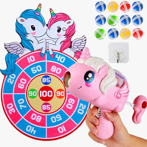 AUNGCSHE Unicorno Freccette Bambini, Freccette Bersaglio, Pistola giocattolo con Bersaglio, 12 Palline Adesive Giochi per Bambini da Giardino Viaggio 3-10 Anni
