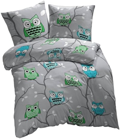 etérea Renforcé Bettwäsche 135x200 cm + 80x80 cm Eule Grau Bettbezug Set | 100% Baumwolle Renforcé · sanft-glatt & superweich · ganzjahres-geeignet · 60°C waschbar · MADE IN GREEN by OEKO-TEX