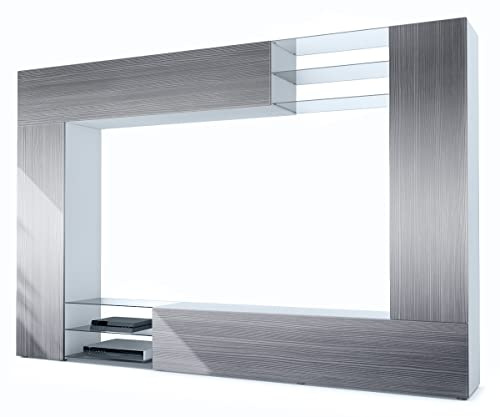 Vladon Wohnwand Mirage, Made in Germany, Anbauwand mit Rückwand mit 2 Türen, 2 Klappen und 6 offenen Glasablagen, Weiß matt/Avola-Anthrazit (262 x 183 x 39 cm)