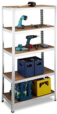 Relaxdays Schwerlastregal 180x90x45 cm, 1325 Kg Traglast, 5 Böden, Freistehend, Metall, MDF Holz, Steckregal, grau