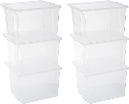 Iris Ohyama, Aufbewahrungsboxen aus Kunststoff mit gewölbtem Deckel und Klammern, 30L, 6er Set, nestbar, BPA-frei, Büro, Wohnzimmer, USB-M, Klar