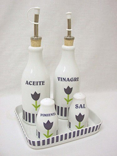 JUEGO ACEITERA VINAGRERA SAL SALERO PIMIENTA PIMENTERO PORCELANA RAYAS AZUL TULIPAN AZUL