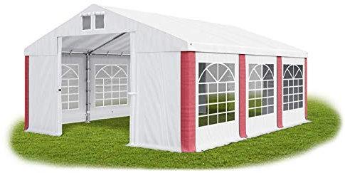 DAS COMPANY Festzelt Partyzelt Faltpavillon - Gartenpavillon Pavillon Weiß Mit Seitenteilen - Wasserdichtes Stabiles PVC 560g/m² Universalzelt - Klappbarer Garten Lagerzelt Moskitonetz Weiß-Rot 4x6m