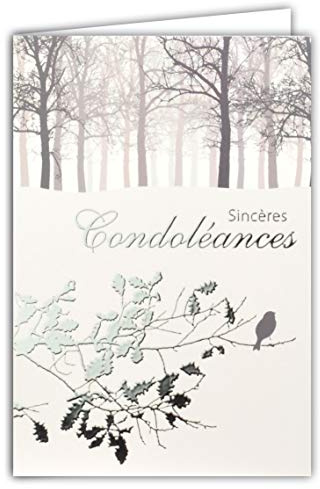 64-1059 Carte Sincères Condoléances Gris Argenté Brillant Décès Deuil Forêt Arbres Branche Feuilles Chêne Oiseau Fabriqué en France