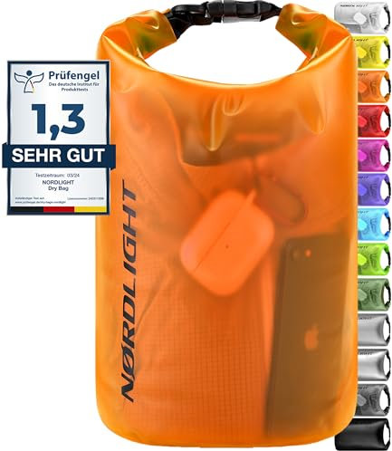 Nordlight Dry Bag 10L Wasserdichter Beutel - (Orange) Wasserdichter Packsack Mit Roll Top Verschluss Und Schultergurt | Schwimmen, Baden, Strand, Kanu, Stand Up Paddling, Tauchen