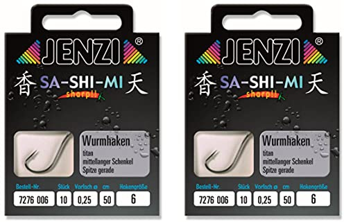 Set # 2 Packungen (20 Stück) Wurmhaken von Jenzi, fertig gebunden, Hakengrößen 2 4 5 6 8 10 12 14, 50 cm +gratis Petri Heil! Aufkleber