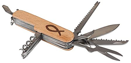 Taschenmesser aus Holz mit Ichthys Fisch Symbol | christliches Geschenk Multitool 11 Funktionen