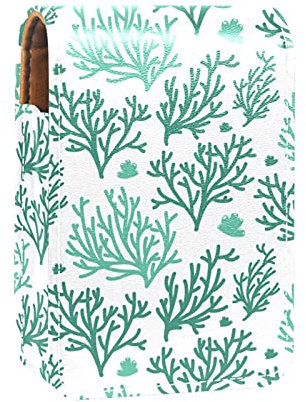 Lippenstiftetui mit Spiegel Grüne Handgezeichnete Koralle Lipgloss-Halter Tragbare Lippenstift-Aufbewahrungsbox Reise-Make-up-Tasche Mini-Kosmetiktasche aus Leder Für 3 Lippenstifte