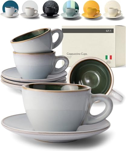 KIVY Cappuccino cups [4x 8oz] - Thick-walled stoneware cappuccino cup set for latte art - Latte mugs - Latte cup set - Small coffee cups - Latte art cup - Ceramic latte cup and saucer set of 4