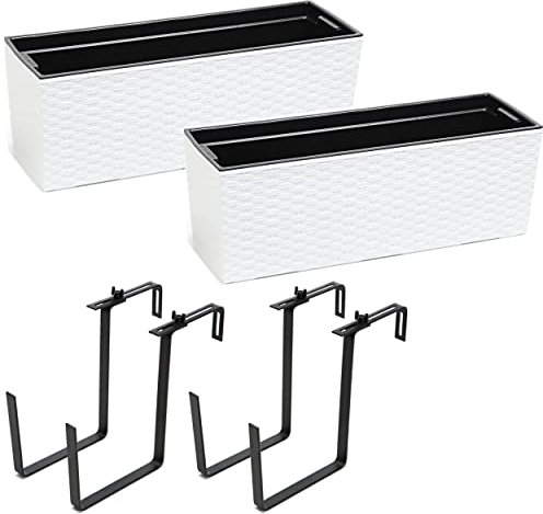 botle 2 Stück Blumenkasten Balkonkasten Geländerkasten Blumentopf Balkontopf Halterung Metall Weiß Rattan 56 x15x19 cm Blumenkasten