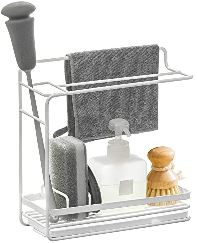 Poeland Sponge Holder with Drain Pan, Kitchen Sink Organizer for Sponge, Brush, Soap Dish, Tea Towel, Large