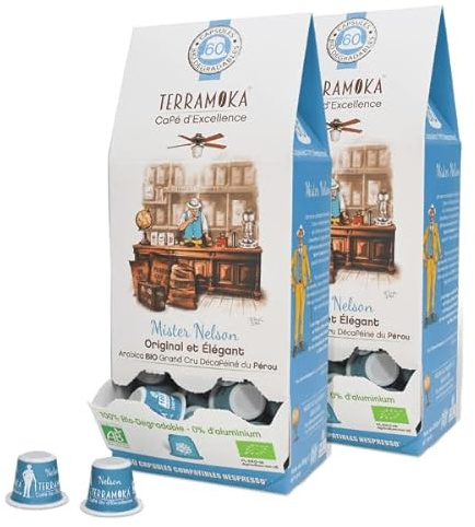 TERRAMOKA - 120 Capsules Décaféiné Bio d’excellence (2 * 60) - 100% Pur Arabica du Pérou - Original et Elégant - Compatibles avec Nespresso - Zéro Déchet - Mister Nelson - Torréfié en France