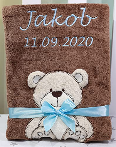 BotoBaby® - Babydecke mit Namen und Geburtsdatum - Geschenk Taufe Geburt ★ (Braun - Teddybär)