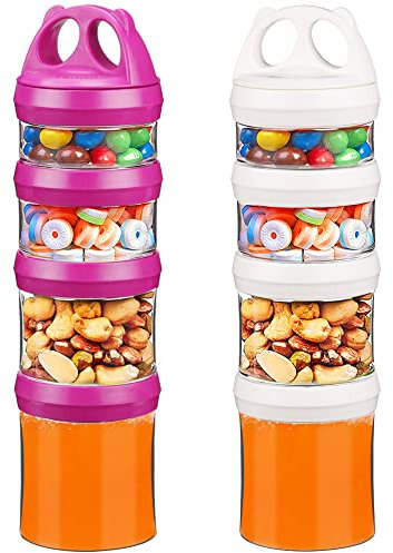 BeneLabel Snack Box, 2pcs Stackable Snack Pot 4 Compartments 31oz/917ml Portable Food Container Storage Jar Nuts Candy Formula Dispenser with Lid for Travel, BPA Free & Leak-proof, White/Red
