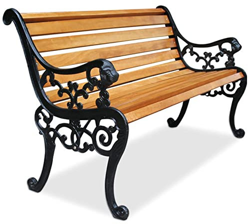 ZMYJTO GartenbankVeranda-Stuhl-Bank, wetterfeste Hofbank aus Gusseisen, Hartholz-Latten, Sitze für 2–3 Personen, Gartenmöbel, schwere Metallbänke, Terrasse, Balkon, Hinterhof, Rasen, Park, Schwarz
