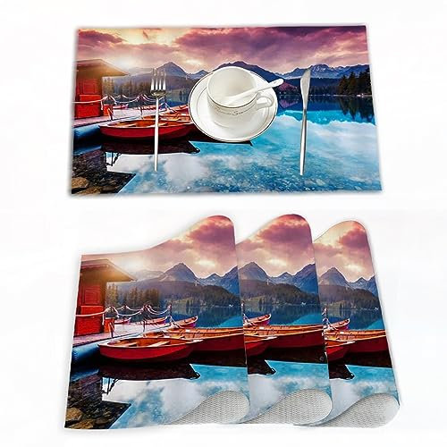 Platzset, Satz von 4 Platzsets 30x45 cm,Ländliches Meer Küstenlandschaft Bootsliegeplatz Holzhaus,Gewebte Vinyl-Tischsets, waschbare und langlebige Tischsets, Tischsets für den Innen und Außenbereich