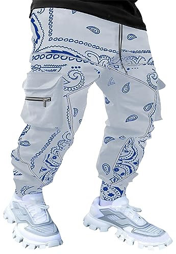 Herren Paisley Pants Cargo Jogger Hip Hop Workout Punk Pants Bandana Techwear Streetwear Sweatpants, grau, weiß, Groß
