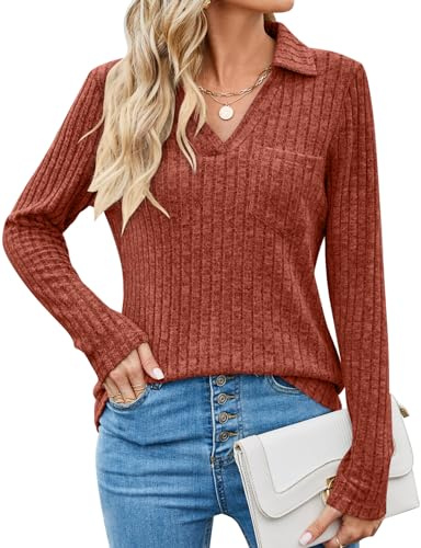 Gemulate tröjor för kvinnor långärmad toppar v-ringad tröjor damer lätt tröja ribbad topp vintertröjor för kvinnor S-XXL, Kola, XL