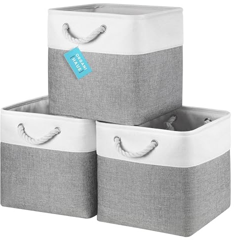 OrganiHaus Fabric Storage Boxes, Set of 3 Foldable 30X30 Cube Organiser Bins with Rope Handles for Shelves, Nursery & Closet, Collapsible Storage Baskets for Toys, Clothes & More - Grey/Off-White