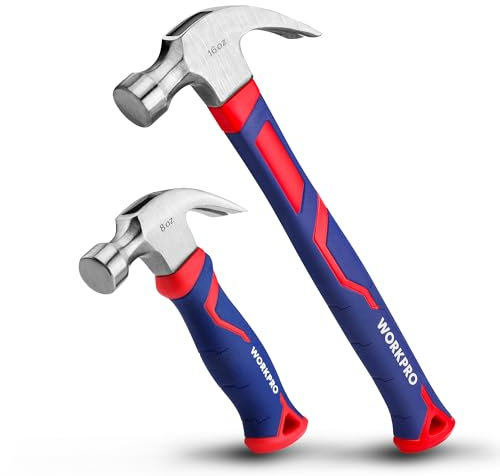 WORKPRO 16 oz/ 720 g and 8 oz/ 340 g Claw Hammer Set, Fibreglass Comfortable & Ergonomic Grip Framing Hammer, Stubby Hammer for Home, DIY, Camping, Kids, Tent Stakes