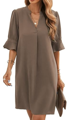 Famulily Robe chemise élégante et décontractée, pour femmes, avec col en V, manches mi-longues, couleur unie, tailles S à XXL
