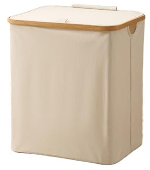 Wäschekorb Mit Deckel Hoher Wäschebox Mit Bambus Henkel Und Innentasche, Faltbarer Groß Waschekorbsammler Wäschekörbe Wäscheboxen Für Kleidung, Decken, Bettlaken, Spielzeug (Beige,Square 45x35x49cm)