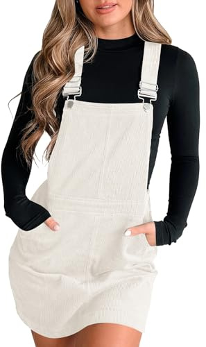 Sommerkleid Damen Latzrock Quadratischer Ausschnitt Taschen Cord Latzkleid Overallkleid Freizeitkleider Corduroy Mini Dress A Linie Kleid Ärmellos T-Shirt Strandkleid (White-B, L)