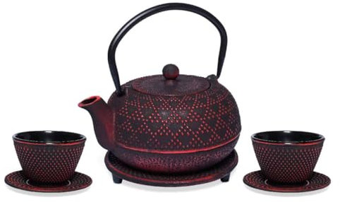 Teeladen Herzberg MAOCI Akita Service à thé en fonte avec 2 tasses et dessous de verre en fonte Noir/rouge 0,7 l, 65037