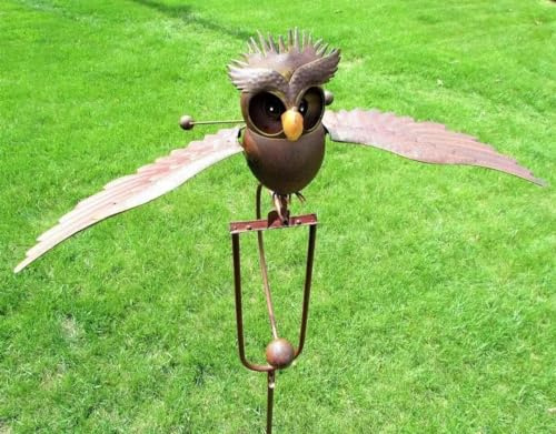 Flying Owl Garden Stake, Wind Spinner With Flapping Wings, Large Rocking Animal, Metal Simulation Bird for Outdoor Yard Decor, Ornament
