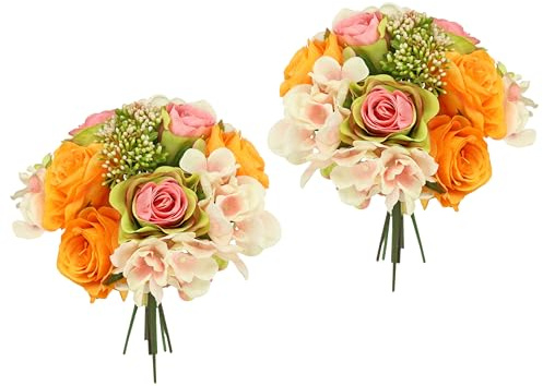 Flair Flower Künstliches Rosenbouquet mit Hortensien Strauß Kunstblumenstrauß Bouquet Seidenblumen Blumenbouquet Blumenstrauß Hortensienbouquet Rosen Kunstblumen Blumen Hochzeit, weiß/rosa/orange