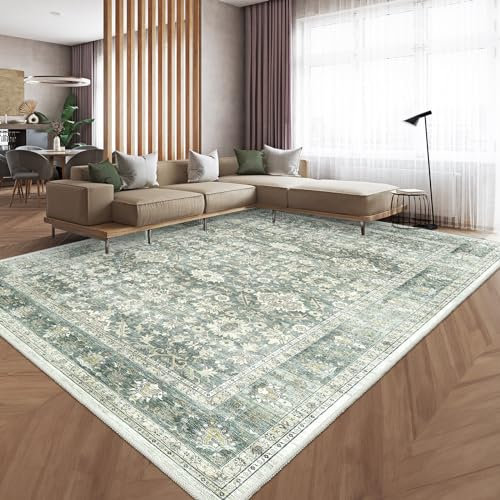 HOMFINE Verde Alfombra Salon Vintage 160x230 cm Grande Alfombras Lavable en Lavadora Pelo Corto Antideslizante Rug Carpet Tapete Sala para Habitacion Comedor Dormitorio Cocina Exterior
