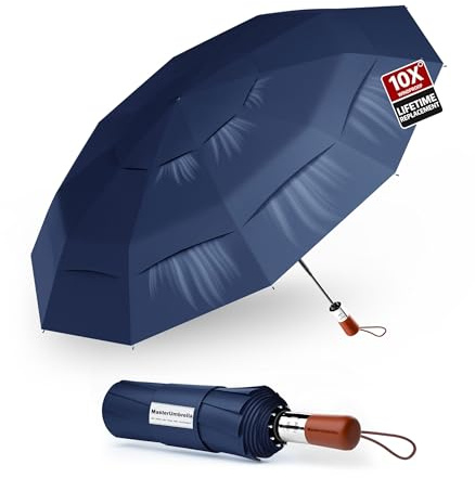 MasterUmbrella Windproof Folding Commuter Umbrella for Strong Wind & Rain, 10-Rib Reinforced Frame, 3-Layer Vented Canopy, Auto Open/Close, 47 Coverage for 1–2 People, Wooden Handle, 13 Folded, Lifetime Replacement