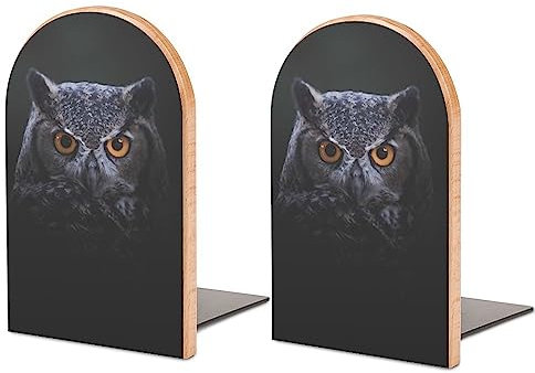 Buchstütze mit Eulen-Porträt, Tierdruck, Premium-Holz + Metall, L-Form, dekorative Buchstütze, Buchstütze für Bücherregal, Schreibtisch, Klassenzimmer, Küche, Zuhause